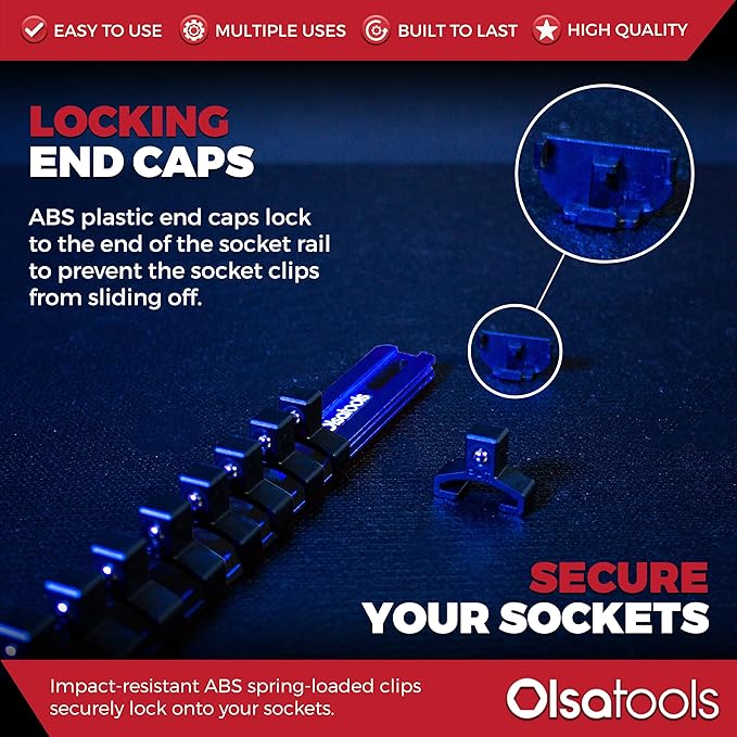 Olsa Tools Aluminum Socket Organizer with Locking End Caps - 3/8-Inch Drive - Blue Socket Holder Rails for Chrome or Impact Sockets - Compact and Durable Socket Storage Solution - Part: 1175