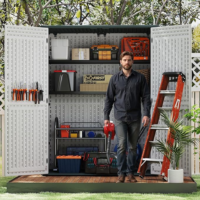 EHHLY Vertical Resin Storage Shed with 2 Shelves, 60 Cuft Garden Tool Sheds & Outdoor Storage, Plastic Outdoor Storage Cabinet Waterproof, 4.5 x 2.3 ft Outside Lawn Mower Storage Shed, Light Grey