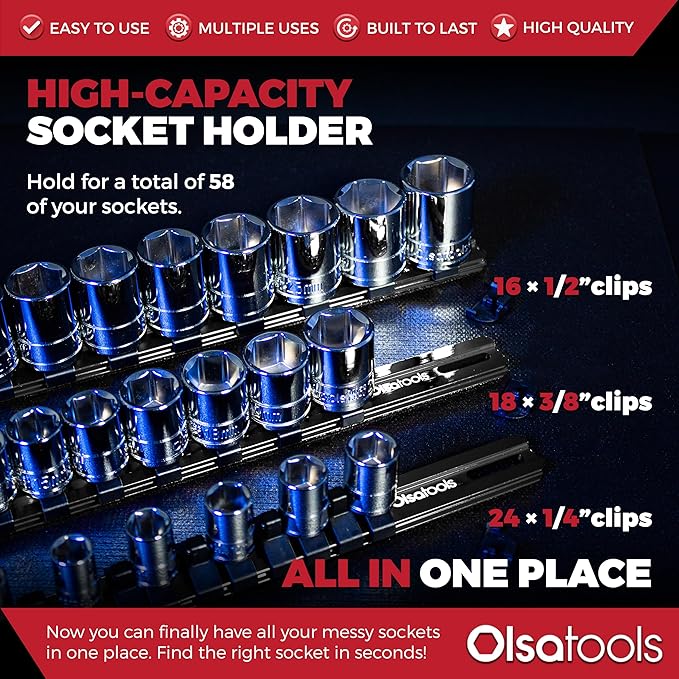 Olsa Tools Aluminum Socket Organizer, 3pc Set - Locking End Caps - 1/4-Inch Drive x 24 Clips, 3/8-Inch Drive x 18 Clips, 1/2-Inch Drive x 16 Clips - Professional Grade - Black - Part: 1181