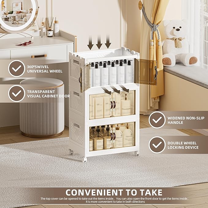 108 QT / 27 Gal Magnetic Double Door Cabinet with Wheels - Foldable Stackable Design, Leather Handles, Water Resistant Organizer for Bathroom, Kitchen