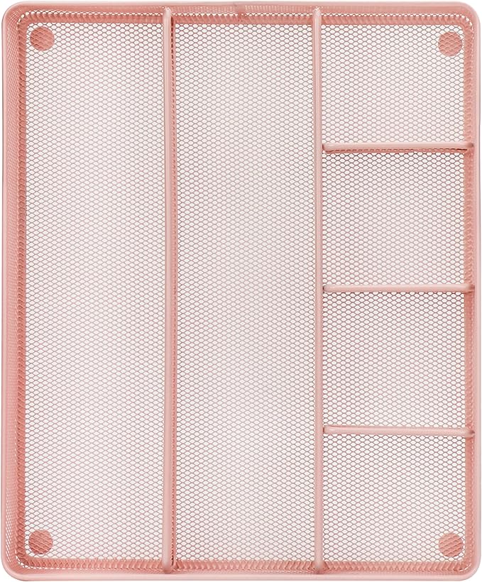 Annova Desk Top Organizer Tray for Office Organization - Metal Mesh - Storage Tray with Dividers for Pens, Desktop Accessories, Bathroom, Kitchen, Makeup and Office Supplies (Large, Light Pink)