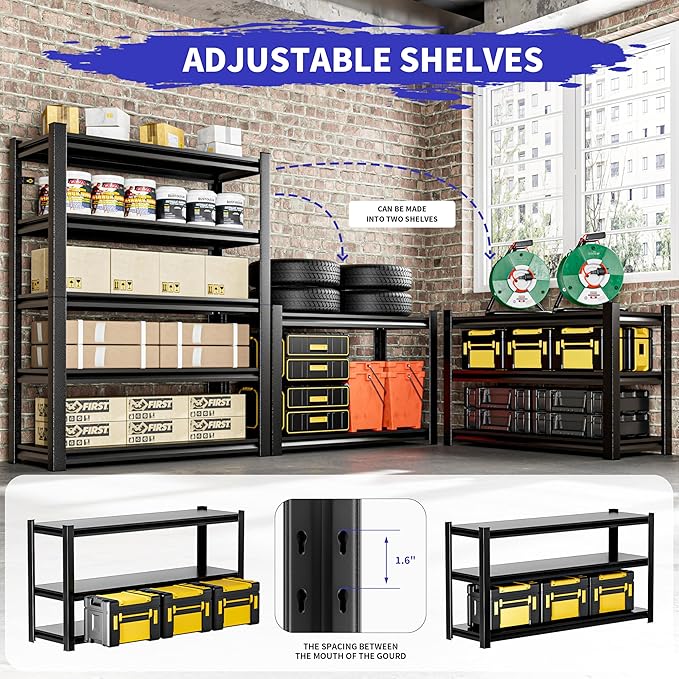 Garage Shelving – 5-Tier Heavy Duty Metal Storage Shelves, Adjustable, 36" W x 16" D x 78" H, Perfect for Basement, Warehouse, Pantry, Closet