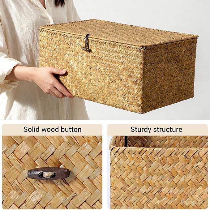 Nonam Seagrass Storage Large Basket with Lid Set of 3,Wicker Basket Storage Bin with Lid for Shelves,Boho Decor,Handwoven Shelf Basket for Organizing-Storage Container Box for Home Organization