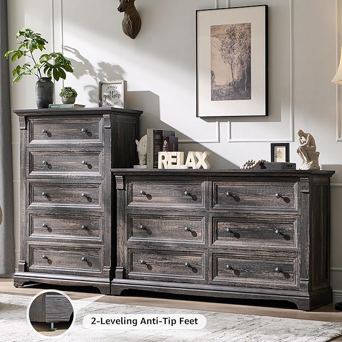 T4TREAM Farmhouse 5 Drawer Dresser for Bedroom, 47" Tall Wood Dresser with Ample Storage Space and Rustic Charm, Dark Rustic Oak