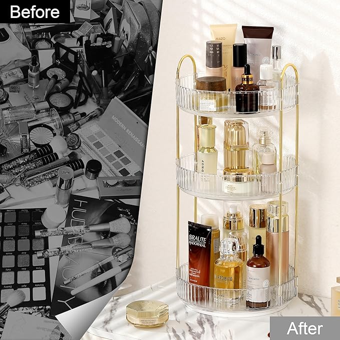 360 Rotating Makeup Organizer for Vanity, Bathroom Countertop Spinning Perfume Organizer, High-Capacity Cosmetic and Skincare Dresser Make Up Holder Rack (3 Tiers, White)