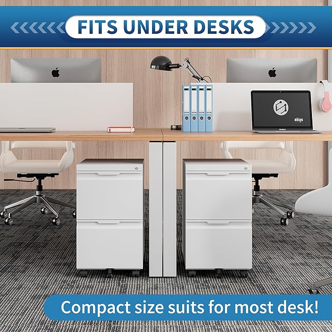 File Cabinet 2 Drawers on Wheels Under Desk,Locking Filing Cabinets for Home Office,Metal Vertical Files Drawers,Small Rolling Cabinet Printer Stand for Legal/Letter/A4( Assembly Required-White)