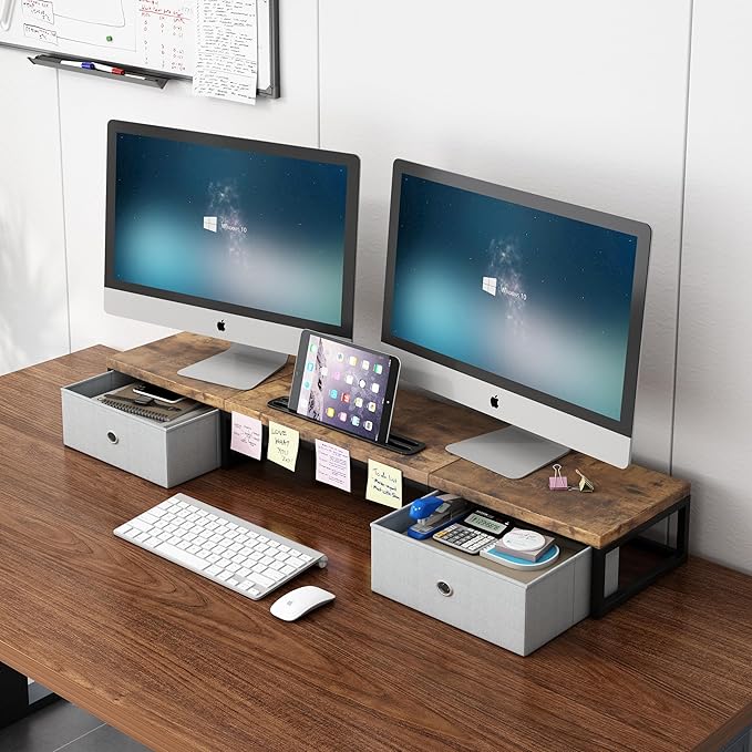 Dual Monitor Stand Riser with 2 Drawers - 39Inch Large Storage Computer Monitor Stands for 2 Monitors, Wooden Desktop Organizer Perfect for Home Office Desk, Computer, Laptop, TV, Rustic Brown