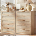 LEYAOYAO Rattan Dresser for Bedroom Set 2, 41" Tall Dressers Chest of Drawers, Boho Small Dressers with 5 Drawers, Natural Wood Dresser Wooden Closet Organizer for Living Room, Hallway
