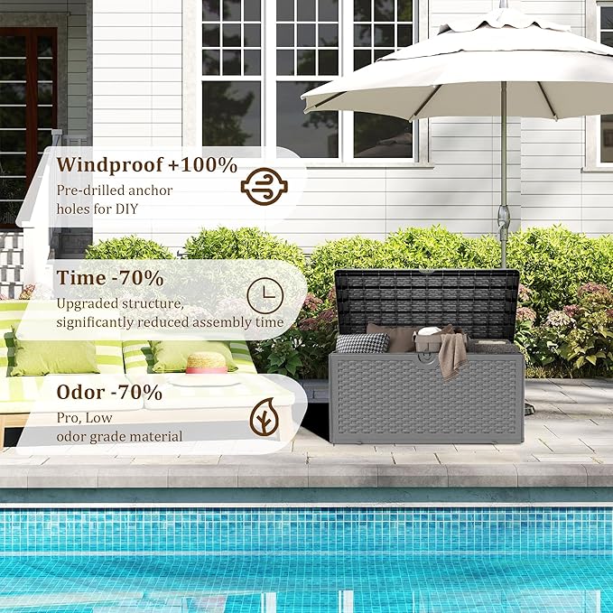 80 Plus Gallon Resin Deck Box, Waterproof Outdoor Storage Box for Patio, Poolside, and Garden, Lockable UV-Resistant Storage Bin Bench Cabinet for Small Spaces, Black