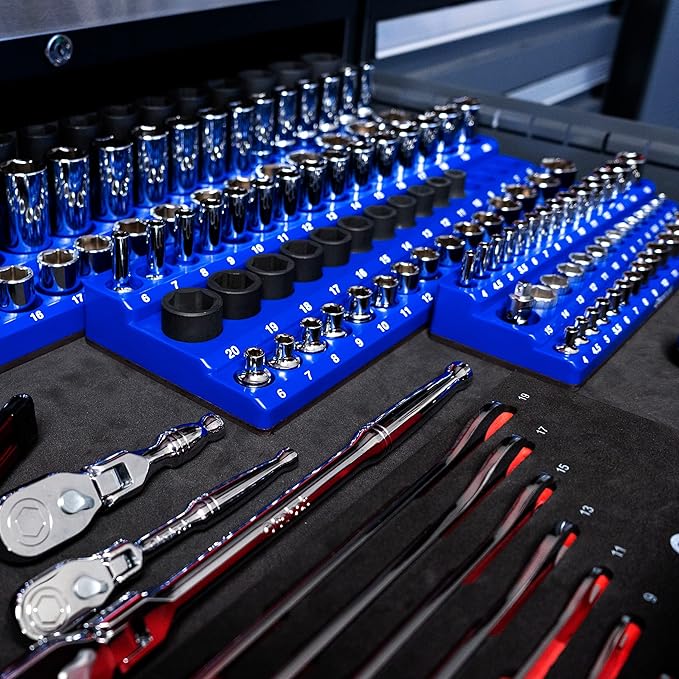 Olsa Tools Magnetic Socket Organizer (1/4-Inch Drive, 3 Row) - Magnetic Tool Organizer & Holder - Metric Blue - Holds 42 Sockets - Professional Grade - Part: 1554