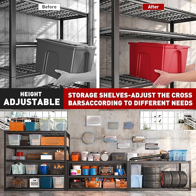 REIBII 48.2''W Garage Shelving Heavy Duty Metal Shelving 3000LBS Storage Shelves Adjustable Metal Shelves Industrial 5 Tier Garage Shelf for Basement Pantry Warehouse Supermarket, 4 Pack