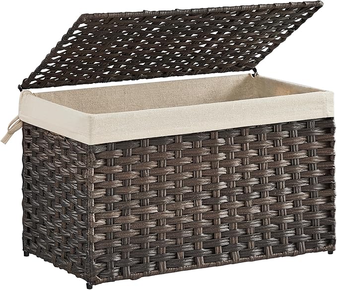 SONGMICS Storage Basket with Lid, Woven Blanket Storage Bin with Handles, Foldable, Removable Liner, Metal Frame, for Bedroom, Laundry Room, 17.2 Gallons (65 L), Brown URST56BR