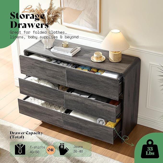 AMERLIFE 6 Drawer Dresser for Bedroom, 49" Long Modern Chest of Storage Drawers with Rounded Corners, Anti-Tip Kit, Wood Cabinet Organizer for Closet, Apartment, Nursery, Easy Assembly, Black