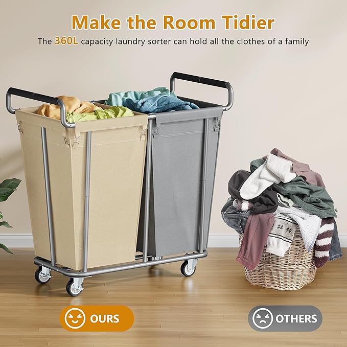 Large laundry hamper with Wheels, 2 Bag 360L Big Rolling Laundry Basket Sorter Cart, Extra Large Laundry Clothes Hamper, Heavy Duty Laundry Basket Organizer for Laundry Room,Bathroom