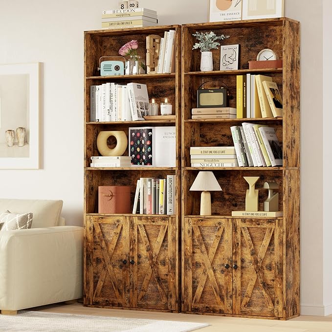 IRONCK Industrial Bookshelves and Bookcases with Doors Set of Two Floor Standing 6 Shelf Display Storage Shelves 70 in Tall Bookcase for Home Office, Living Room