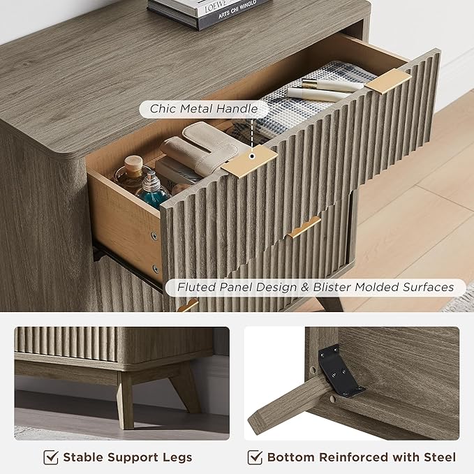 T4TREAM Fluted 3 Drawers Nightstand, Oversized Extra Large Modern Side Table, End Table Bedside for Bedroom, Living Room, Curved Profile Design, Grey Alder