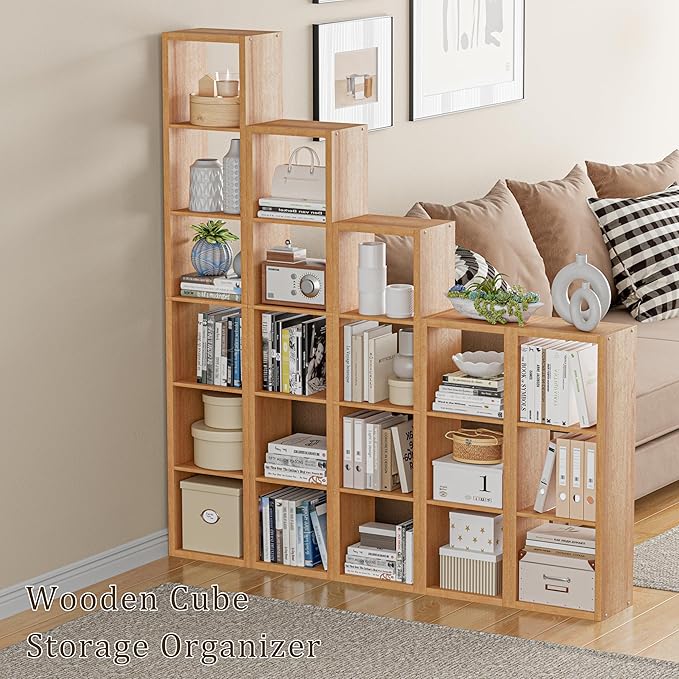 Cube Storage Organizer Bookcase, Small 4 Tier 11 inch Open Back Cubical Shelf with Thickened Border, Display Bookshelf for Living Room, Home Office, Sturdy Room (Natural Oak, 4 Cube,Vertical)