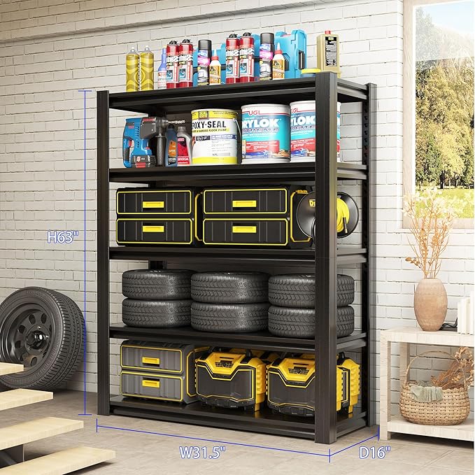 Metal Storage Shelving Heavy Duty, Shelves Unit for Garage, Adjustable 5 Tier Storage Rack, Industrial Utility Shelf for Garage, Warehouse, Basement, Kitchen,15.7" D x 31.5" W x 63" H, Black