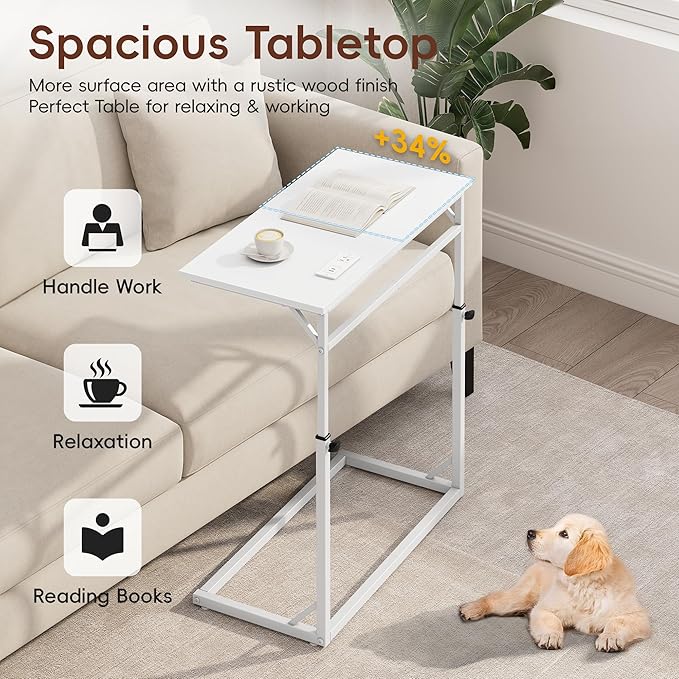 Vagusicc C Shaped End Table with Charging Station, C-Table End Table Adjustable Height Side Table for Couch, Large Couch Table, Slide Under Sofa Table TV Tray Arm Table for Living Room, Bedroom, White