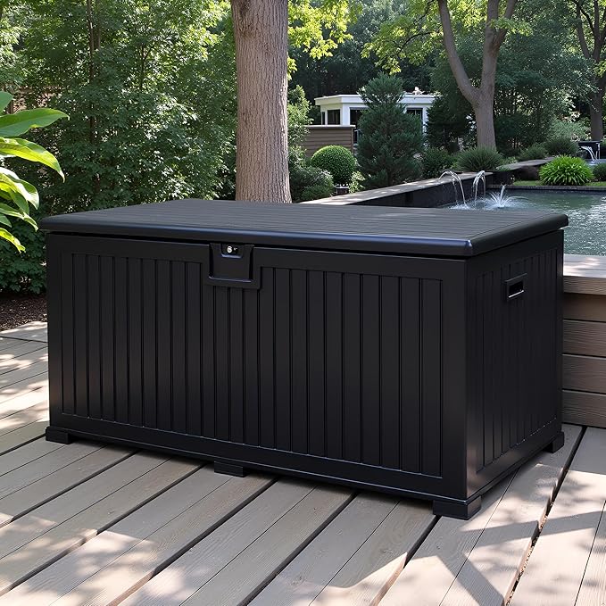 230 Gallon Outdoor Storage Box Waterproof, Extra Large Plastic Outside Deck Box Weatherproof, Resin Patio Storage Bin with Lock and Lids for Pool Equipment and Cushion, Black