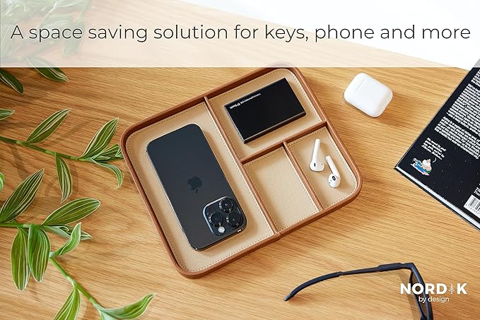 Nordik Leather Valet Tray - Sand Brown - 9.5 x 7.9 Inch Medium Vegan Leather Tray - Stylish Nightstand Organizer for Men - Modern Bedside Caddy - EDC Catchall for Key Watch Wallet Jewellery