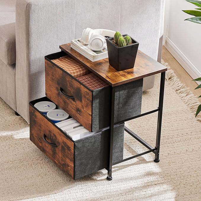 DUMOS Small NightStand Set of 2 Fabric Drawer Dressers Short Bedside Tables for Room Organization Closet College Dorm Entry Storage 20 Inch Height Furniture,Brown
