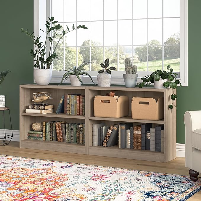Bush Furniture Universal Small 2 Shelf Bookcase in Ash Gray, Low Storage and Display Bookshelf for Home Office or Living Room Organization