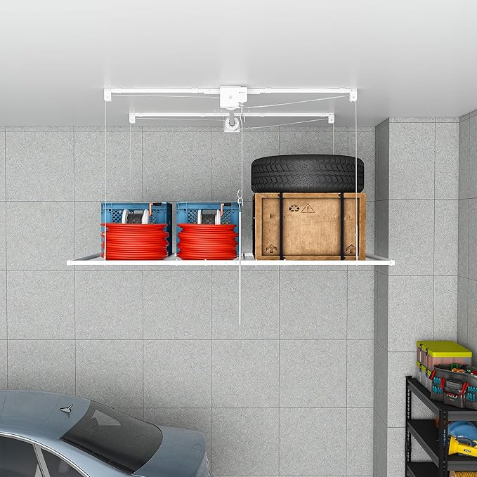 Overhead Garage Storage Rack 3x6 FT, Adjustable Ceiling Lift Storage System for 10–12 FT Ceilings, Heavy-Duty Steel Overhead Shelf with Crank Handle, Safety Lock, 270 lbs Capacity
