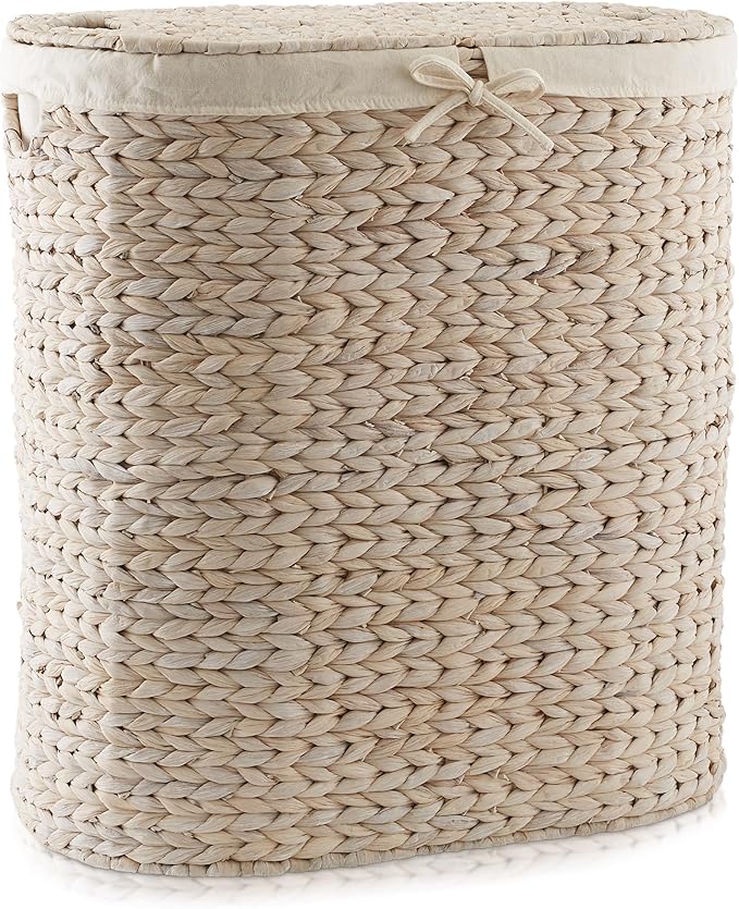 Casafield Oval Laundry Hamper with Lids and Removable Liner Bags - Whitewash, Woven Water Hyacinth 2-Section Laundry Basket Sorter for Clothes, Towels