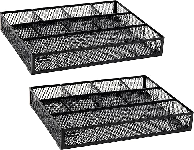 Mind Reader Drawer Organizer, Desk Org, Utensil Organizer, Office, Kitchen, Metal Mesh, Set of 2, Black