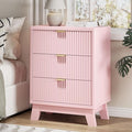 Fluted Nightstand with 3 Storage Drawers, 24" Wide Wood Bedside Table with Mental Handle, Mid Century Modern Wooden Side Table Night Stand, Curved End Table for Bedroom, Living Room, Pink