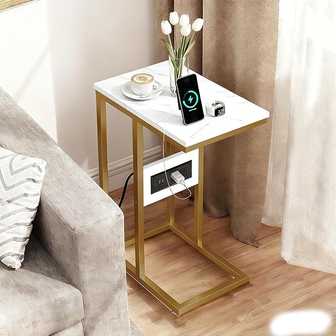 VECELO C Shaped End Side Table with Charging Station & Power Outlets for Couch Sofa/Bed, Snack TV Tray with Metal Frame for Living Room Bedroom 1 PCS Gold