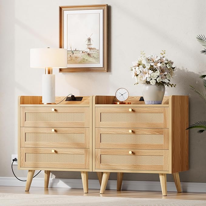 Rattan Night Stand with Charging Station, End Tables with 3 Drawer Dresser, Boho Bedside Table, Mid Century Modern Nightstand, RuralCabinet for Farmhouse Bedroom Living Room Sofa Couch Office Corner