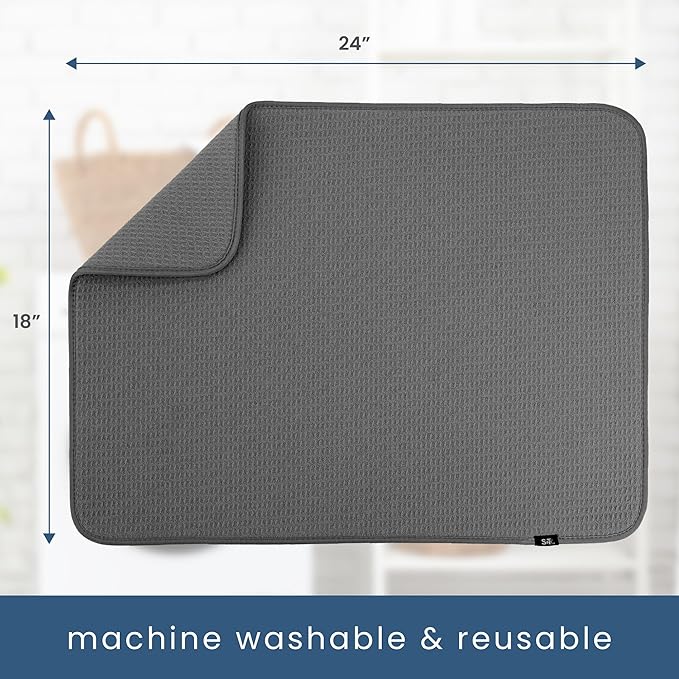 S&T INC. Dish Drying Mat XL 2 Pack, 18” x 24”, Absorbent Microfiber Kitchen Counter Mat, Dish Drying Pad for Dishes, Utensils, Pots and Pans, Extra Large, Charcoal Grey