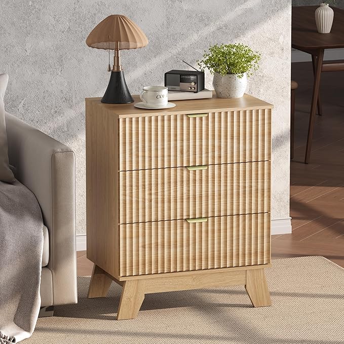 Night Stand Set 2, Bedside Table & End Table, Mid Century Modern Fluted Wood Nightstand with 3 Drawers & Metal Handles, Farmhouse Nightstand for Bedroom, Natural Oak