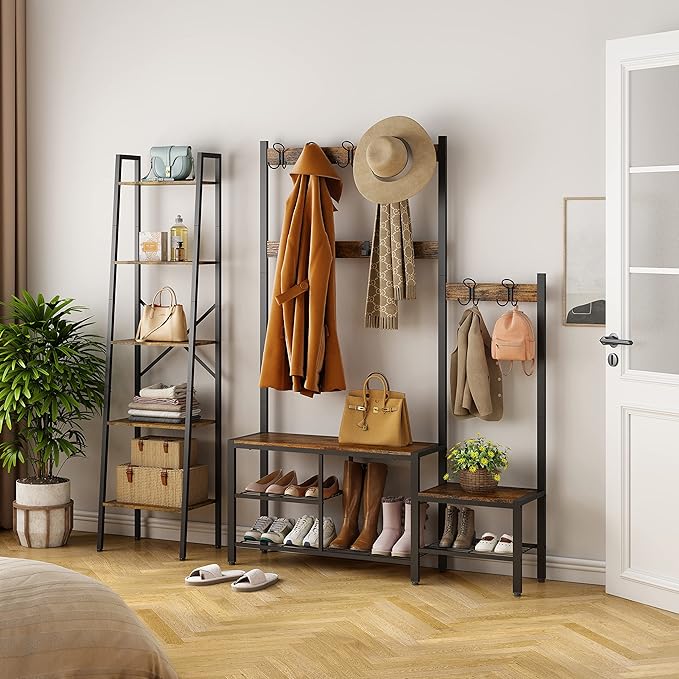 Hoctieon Industrial Ladder Bookshelf, Multifunctional Ladder Shelf, 5-Tier Tall Bookshelf, Open Ladder Shelf Bookcase, for Living Room, Home Office, Kitchen, Bedroom, Metal Frame, Rustic Brown