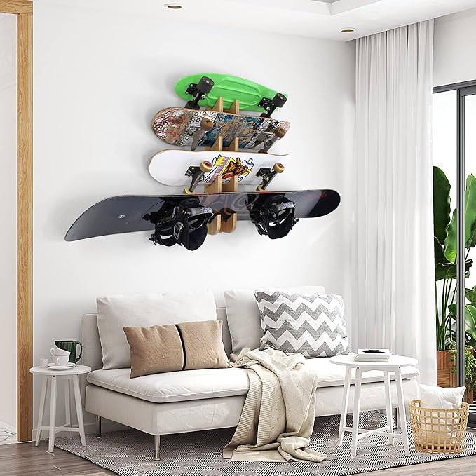 COR Surf Skateboard & Snowboard Wall Mount Display - 4 Board Indoor Rack Made with Sustainable Bamboo
