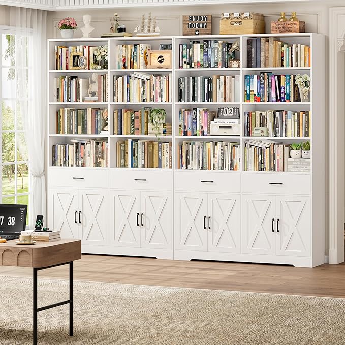 HOSTACK 78" Tall Bookshelf with Doors, Double Wide Bookshelf with Storage Drawers, Large Bookcase with Cabinet and 8 Open Display Shelves, Farmhouse Wood Bookcase Book Shelf for Living Room, White