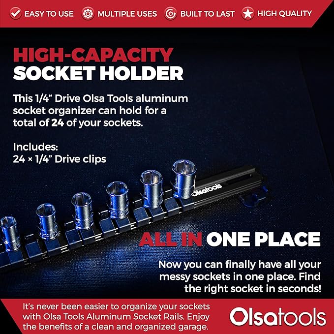 Olsa Tools 1/4-Inch Drive Aluminum Socket Organizer with Locking End Caps | Professional Quality Socket Holder (BLACK)