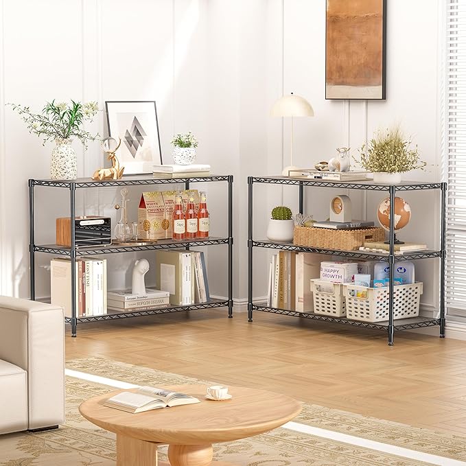 3-Shelf Adjustable Storage Shelves 36" W x 14" D x 36" H Metal Shelving Unit Heavy Duty Wire Rack Small Organizer with 3 Shelf Liners for Kitchen Pantry Bathroom Laundry Closet Garage Black