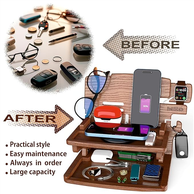MED Wood Phone Docking Station – Nightstand Desk Organizer for Phone, Watch, Wallet & Tablet – Gift for Men, Husband, Dad & Women – Wooden Charging Stand, (Black, Model 2)