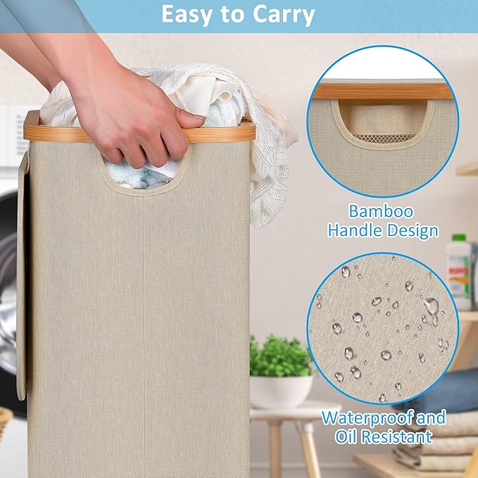 efluky Laundry Basket with Wheels, Tall Rolling Laundry Hamper with Lid and Removable Bag, Aesthetic Dirty Clothes Hamper on Wheels for Laundry Room, Bedroom, Dorm and Bathroom, 75L Oatmeal