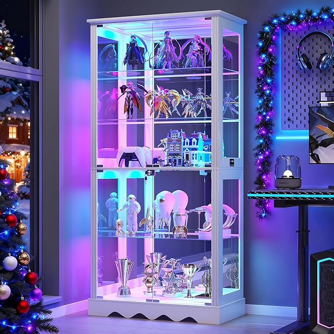 Glass Display Cabinet with RGB Light, 5-Tier Curio Cabinet for Collectibles, Display Case with Removable Shelves, Human Sensor Design, White