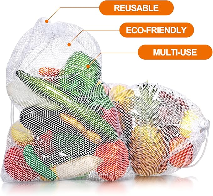TecUnite 10 Pcs Mesh Bags Drawstring Laundry Bags Large Nylon Mesh Gift Dishwasher Bag with Sliding Drawstring for Kitchen Jewelry Gifts Wedding Favor Home(11.8 x 7.5 Inch,White)