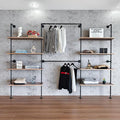 Industrial Pipe Clothing Rack, Wall Mounted Garment Hanging Rack with Shelves, 14.6x112.6x82.7 Inches, Model Y03