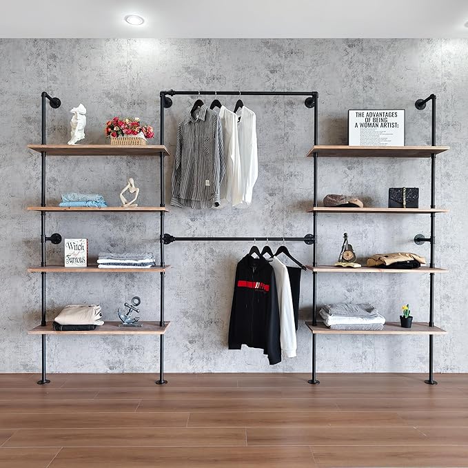 Industrial Pipe Clothing Rack, Wall Mounted Garment Hanging Rack with Shelves, 14.6x112.6x82.7 Inches, Model Y03