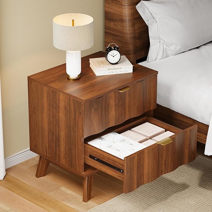 Nightstand, Bedside Table with 2 Drawers and Metal Handles, Sofa Side End Table with Storage for Bedroom, Living Room, Entryway (Walnut)