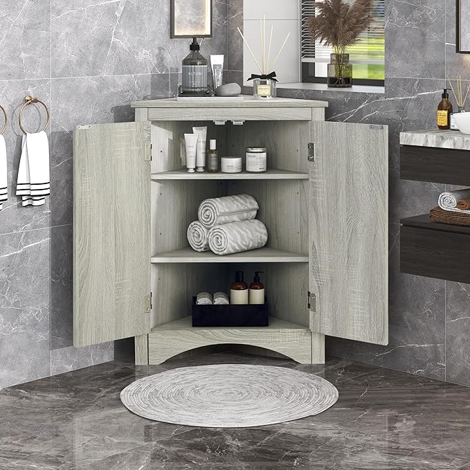 GDFStudio 31.5" H Triangle Corner Bathroom Storage Cabinet with Adjustable Shelves,Freestanding Floor Cabinet for Small Spaces,Water-Resistant Cabinet Modern Organizer for Home,Kitchen,Hallway, Oak