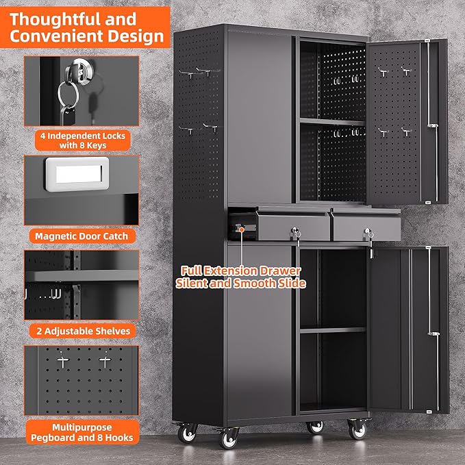 Aobabo Metal Garage Storage Cabinet with Wheels and 2 Locking Drawers, 71" H Steel Rolling Tool Cabinet with 8 Hooks and 2 Adjustable Shelves for, Home, Office, Assembly Required, Black
