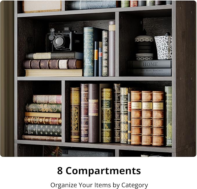IRONCK Bookcase with Doors, Tall Bookshelf with Storage, Bookshelves and Bookcases with 8 Open Cubes for Living Room, Bedroom, Office